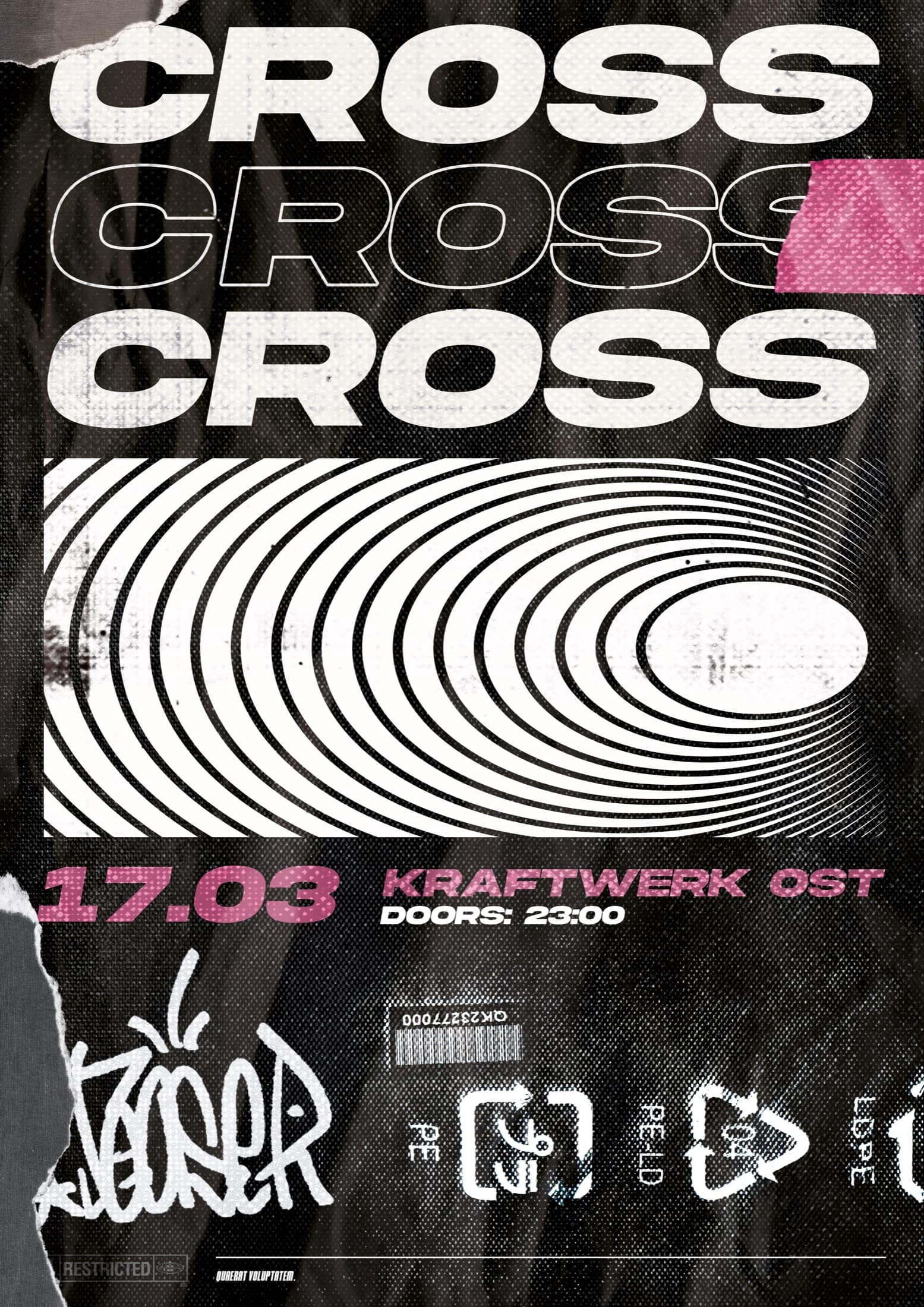 Poster mit dreifach wiederholtem CROSS-Schriftzug, konzentrischen Kreisen, pinkem Tape und Graffiti-Tag auf dunklem, zerknittertem Papier