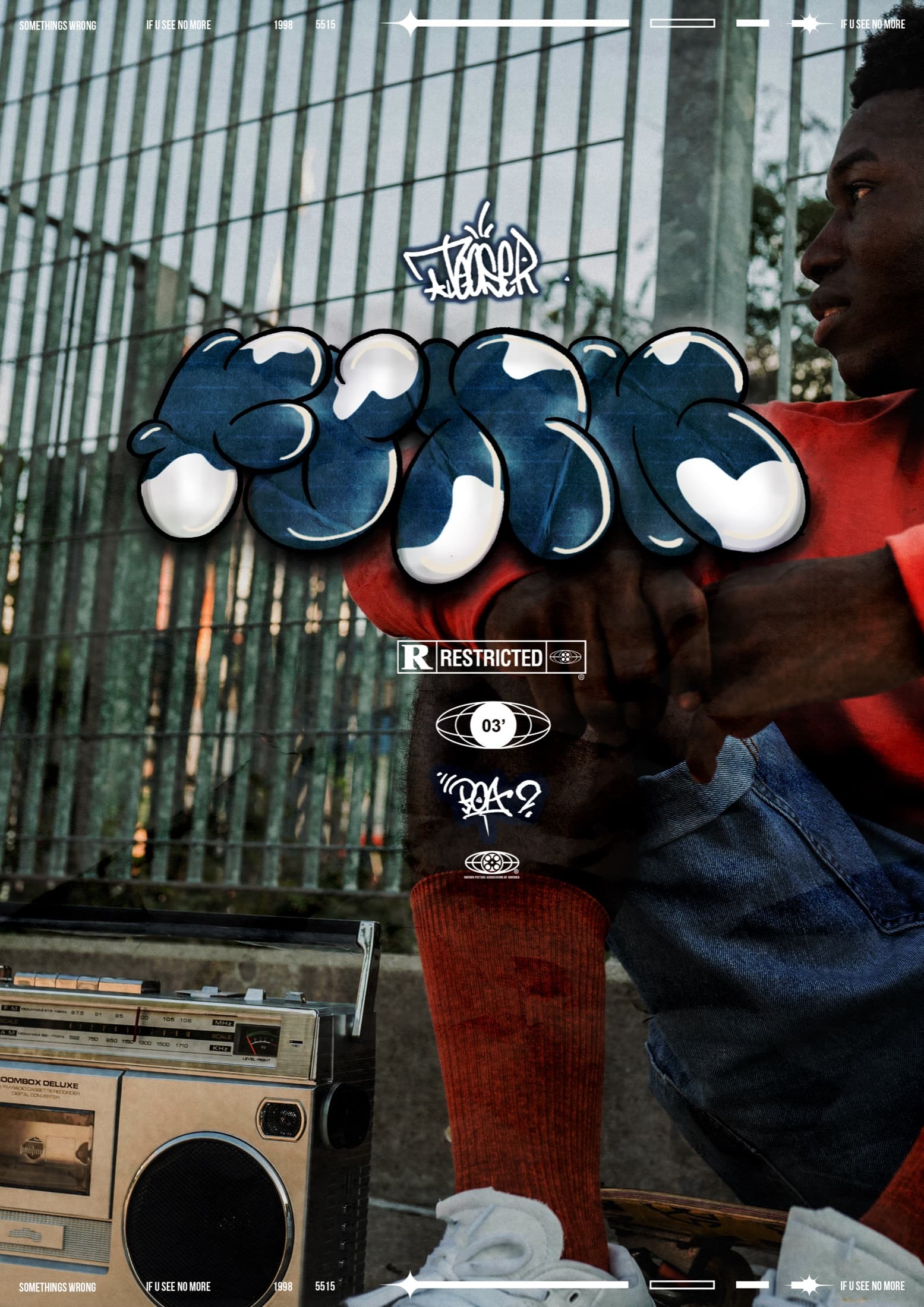 Poster mit Graffiti-Schriftzug Funk in Bubble-Style vor urbaner Szene mit Ghettoblaster und jungem Mann am Zaun